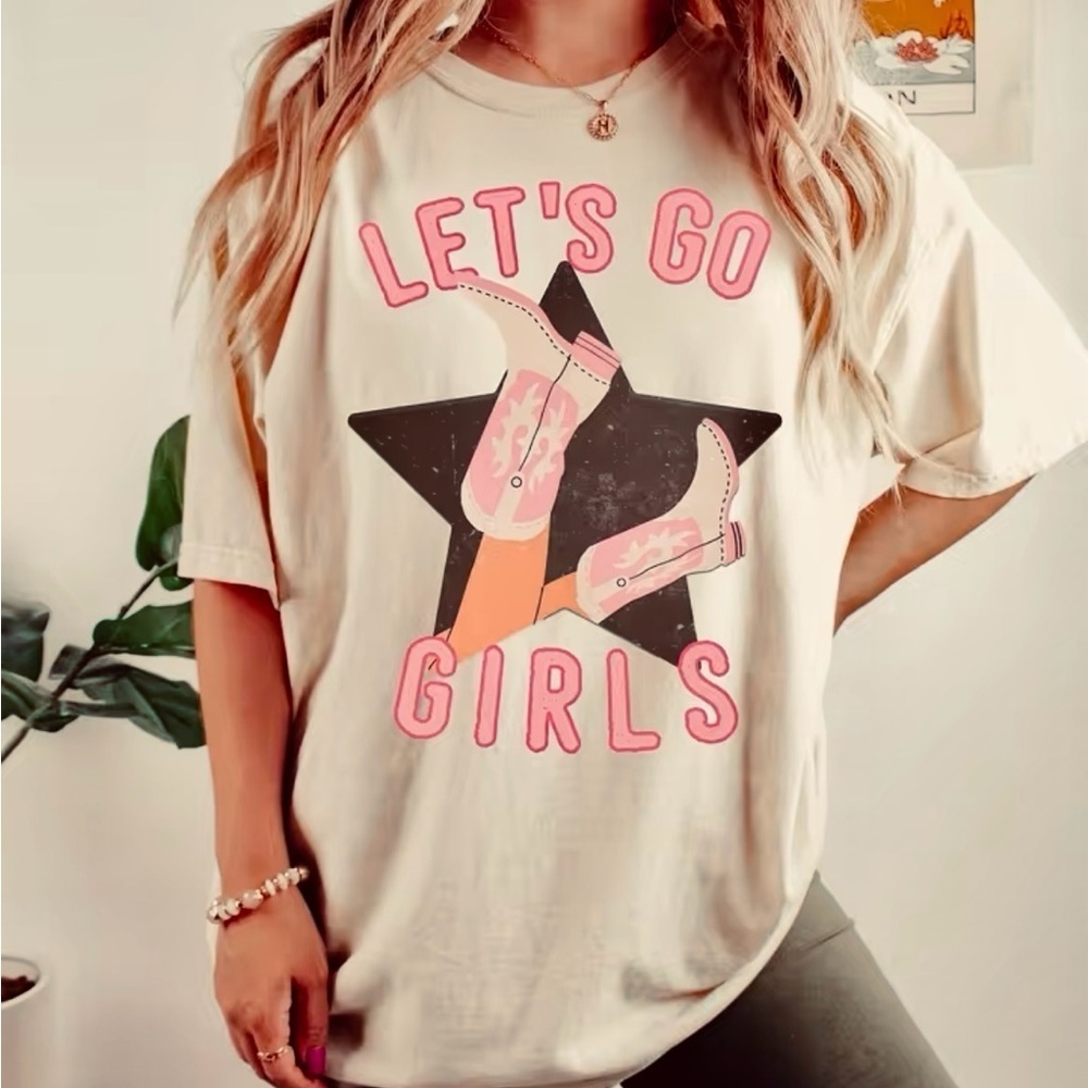 LAST 1!  XL “Let’s Go Girls” Beige/Pink Cotton, Country Vibes Cute Tees! - Picture 2 of 5